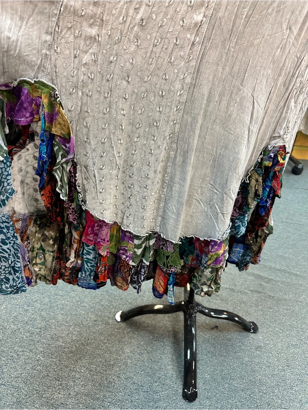 NWT Smocked Boho Light Grey Maxi Dress with Colorful Ruffle Gypsy Hem - Picture 5 of 10